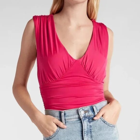 Express Pink Body Contour Double Layer Empire V-Neck Thong Bodysuit SZ XS - Picture 1 of 7